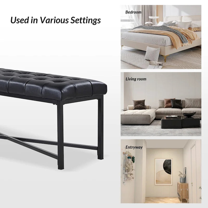 Banc rembourré en cuir véritable Eberhard Modern 50.5 avec pieds en métal par