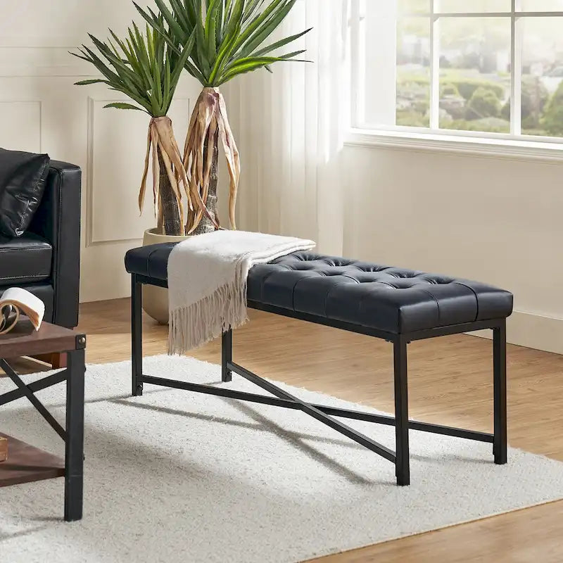 Banc rembourré en cuir véritable Eberhard Modern 50.5 avec pieds en métal par