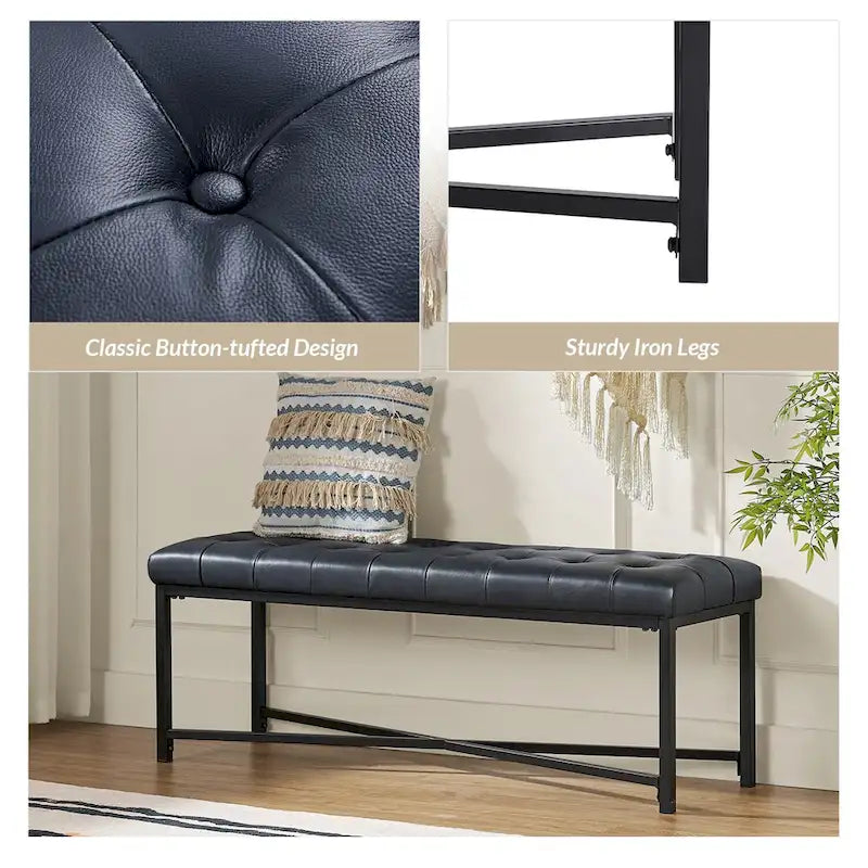 Banc rembourré en cuir véritable Eberhard Modern 50.5 avec pieds en métal par