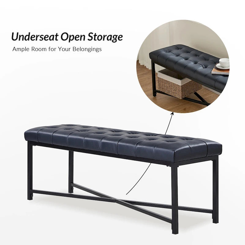 Banc rembourré en cuir véritable Eberhard Modern 50.5 avec pieds en métal par