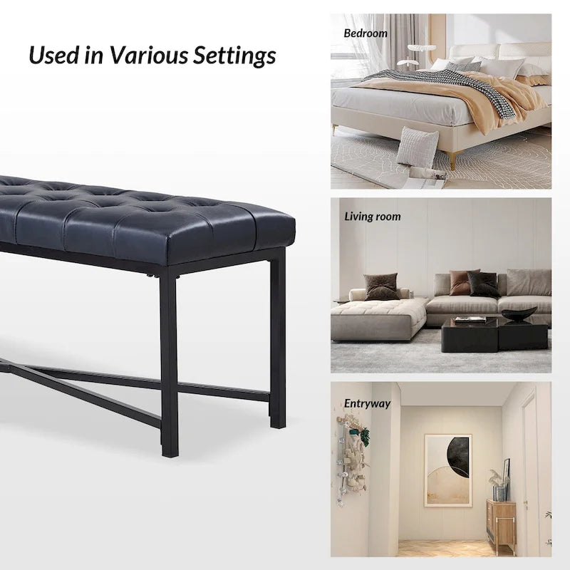 Banc rembourré en cuir véritable Eberhard Modern 50.5 avec pieds en métal par