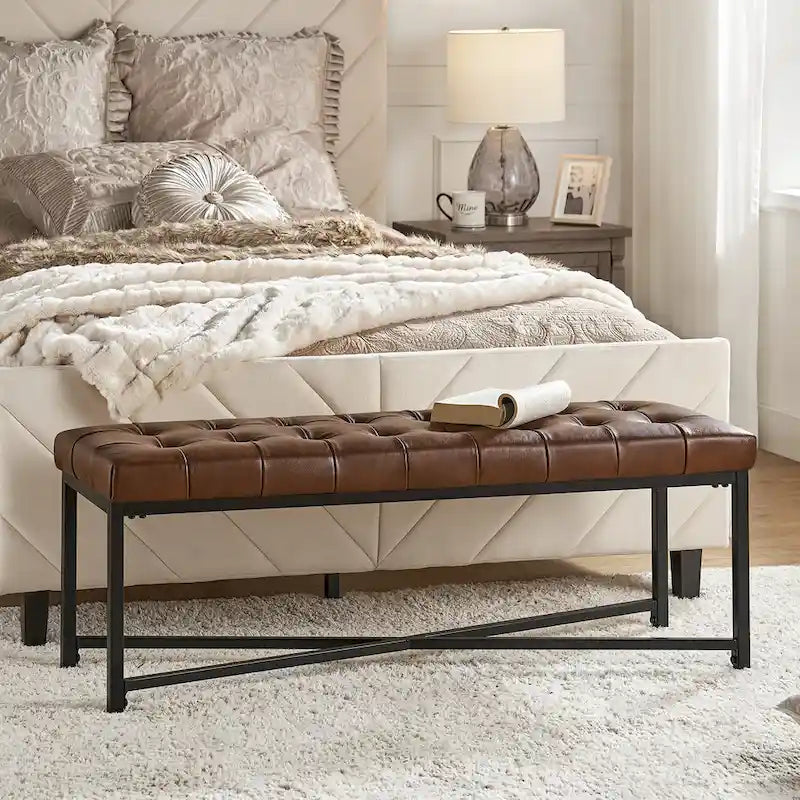 Banc rembourré en cuir véritable Eberhard Modern 50.5 avec pieds en métal par