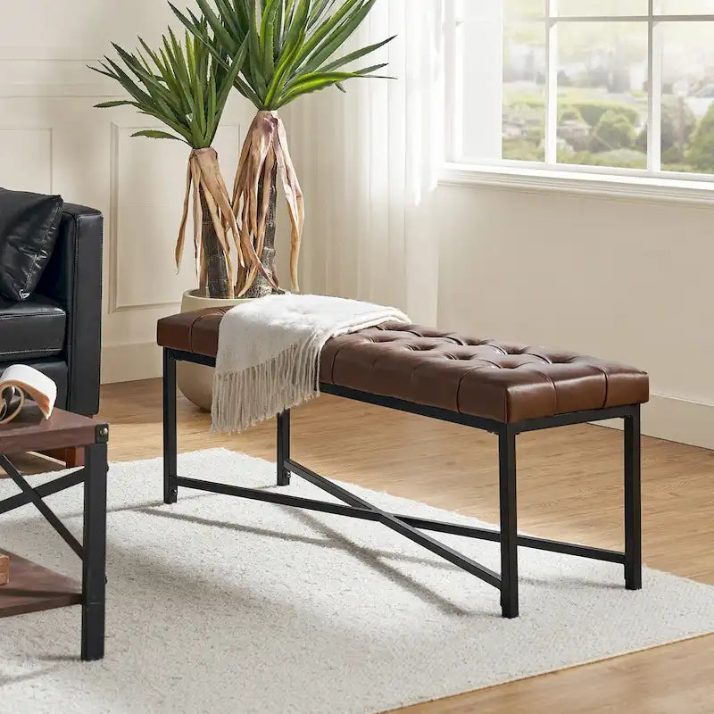 Banc rembourré en cuir véritable Eberhard Modern 50.5 avec pieds en métal par