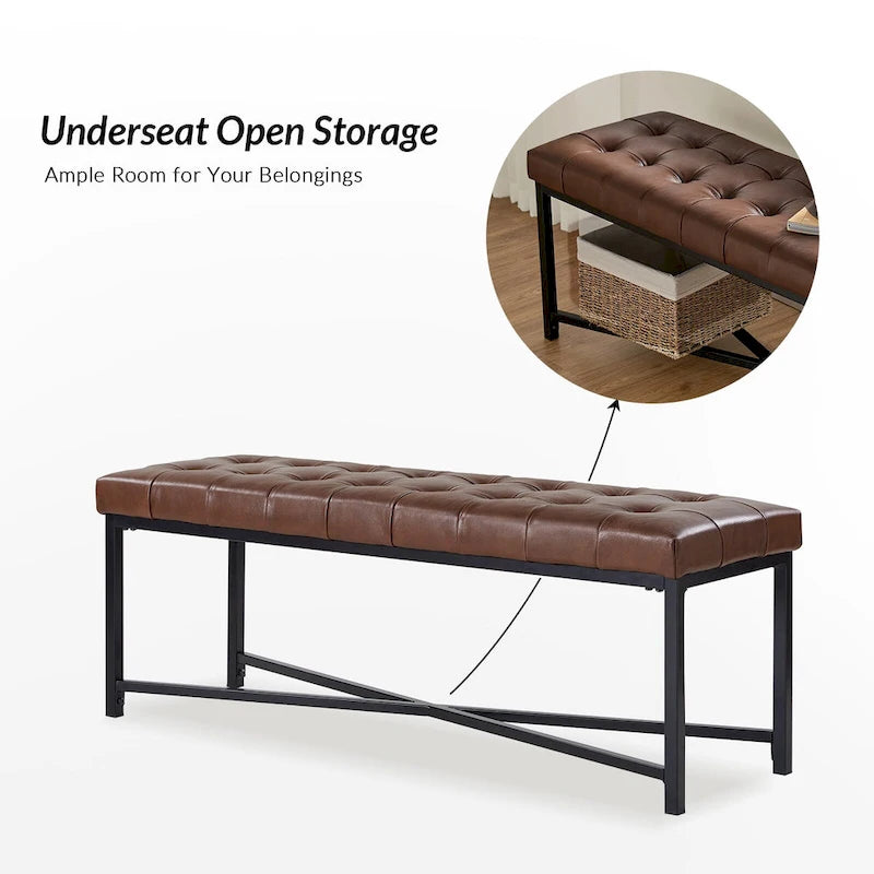 Banc rembourré en cuir véritable Eberhard Modern 50.5 avec pieds en métal par
