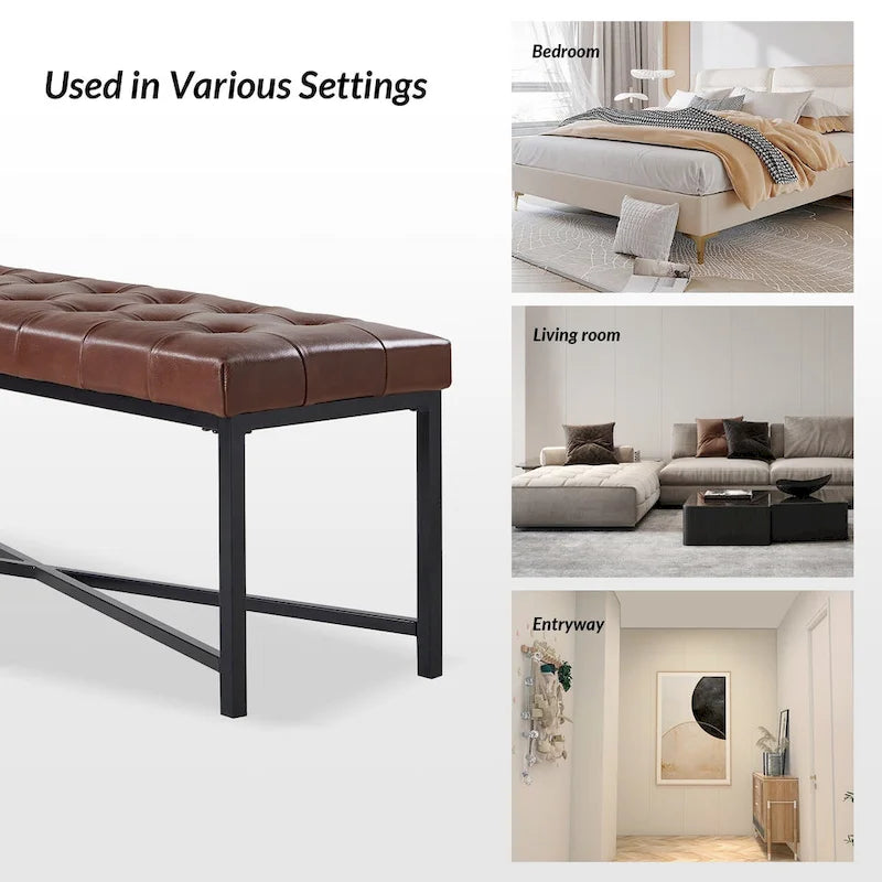 Banc rembourré en cuir véritable Eberhard Modern 50.5 avec pieds en métal par