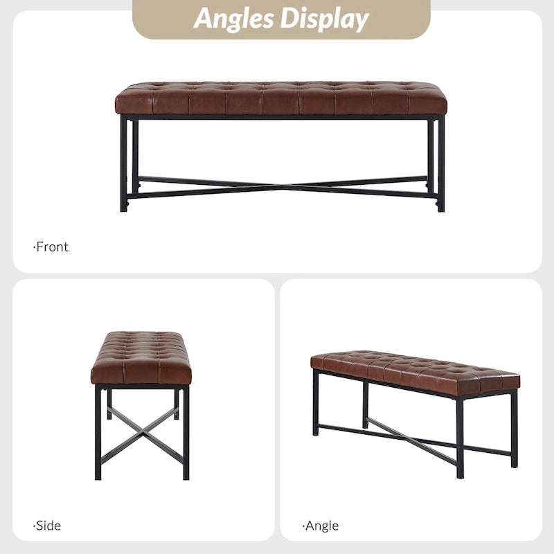 Banc rembourré en cuir véritable Eberhard Modern 50.5 avec pieds en métal par