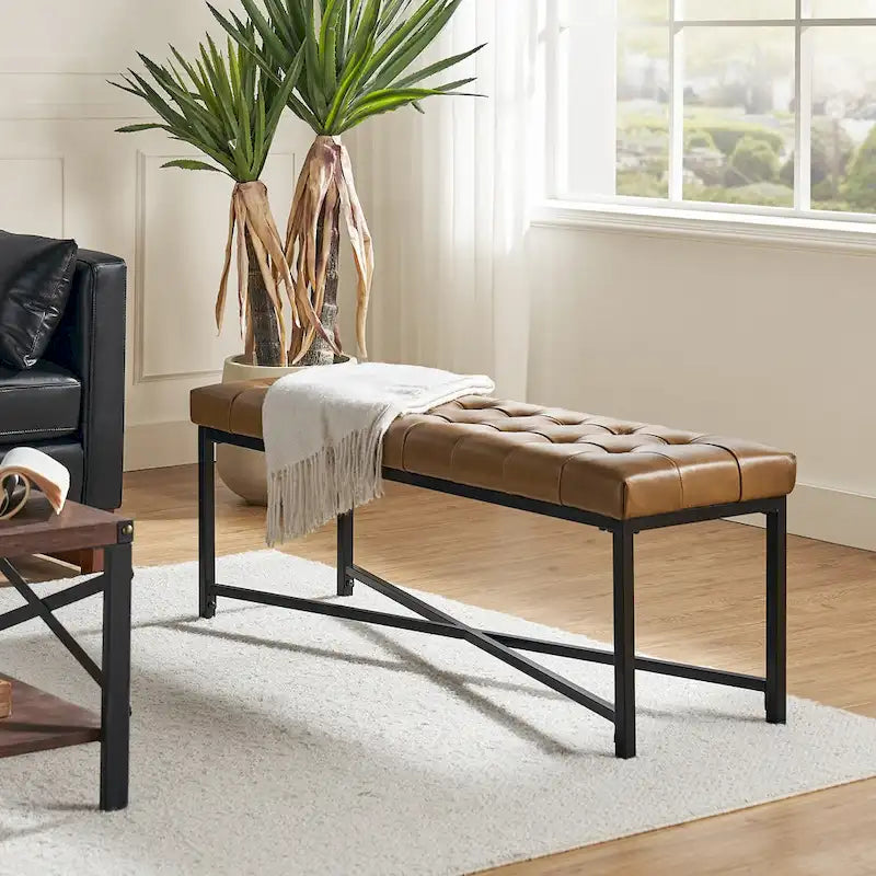 Banc rembourré en cuir véritable Eberhard Modern 50.5 avec pieds en métal par
