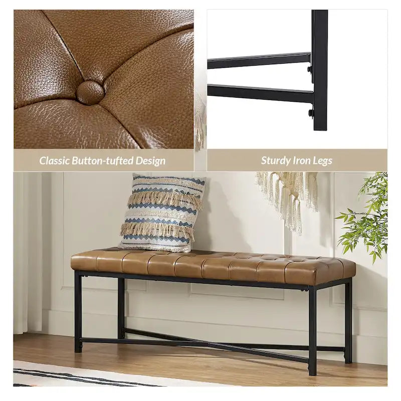 Banc rembourré en cuir véritable Eberhard Modern 50.5 avec pieds en métal par