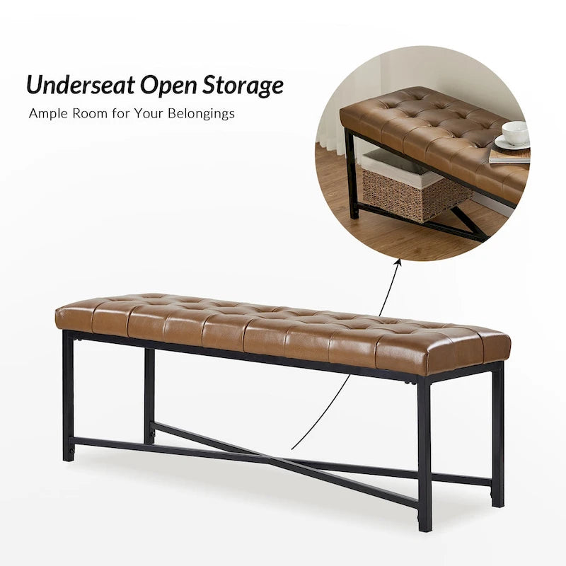 Banc rembourré en cuir véritable Eberhard Modern 50.5 avec pieds en métal par