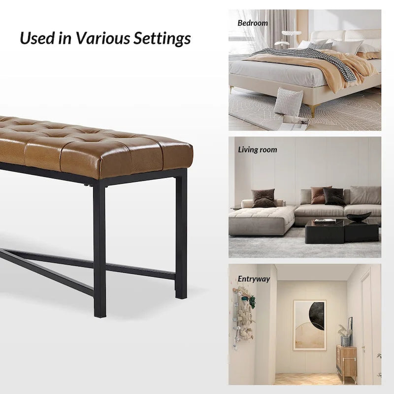 Banc rembourré en cuir véritable Eberhard Modern 50.5 avec pieds en métal par