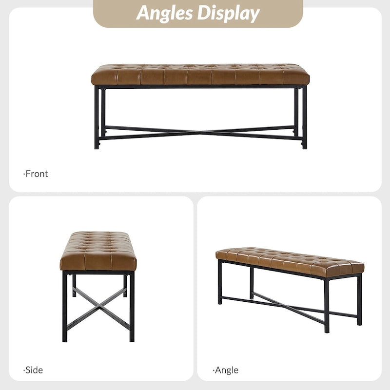 Banc rembourré en cuir véritable Eberhard Modern 50.5 avec pieds en métal par