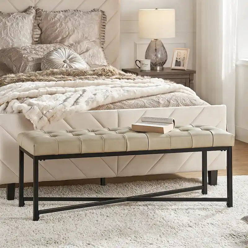 Banc rembourré en cuir véritable Eberhard Modern 50.5 avec pieds en métal par