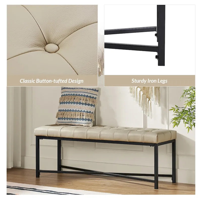 Banc rembourré en cuir véritable Eberhard Modern 50.5 avec pieds en métal par