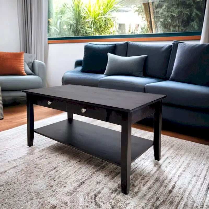 Table basse en acacia massif avec tiroir et étagère inférieure