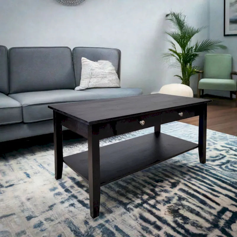 Table basse en acacia massif avec tiroir et étagère inférieure