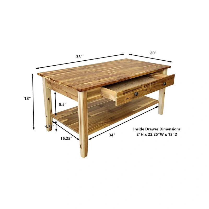 Table basse en acacia massif avec tiroir et étagère inférieure