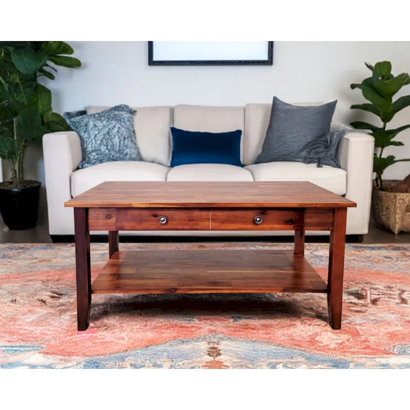 Table basse en acacia massif avec tiroir et étagère inférieure