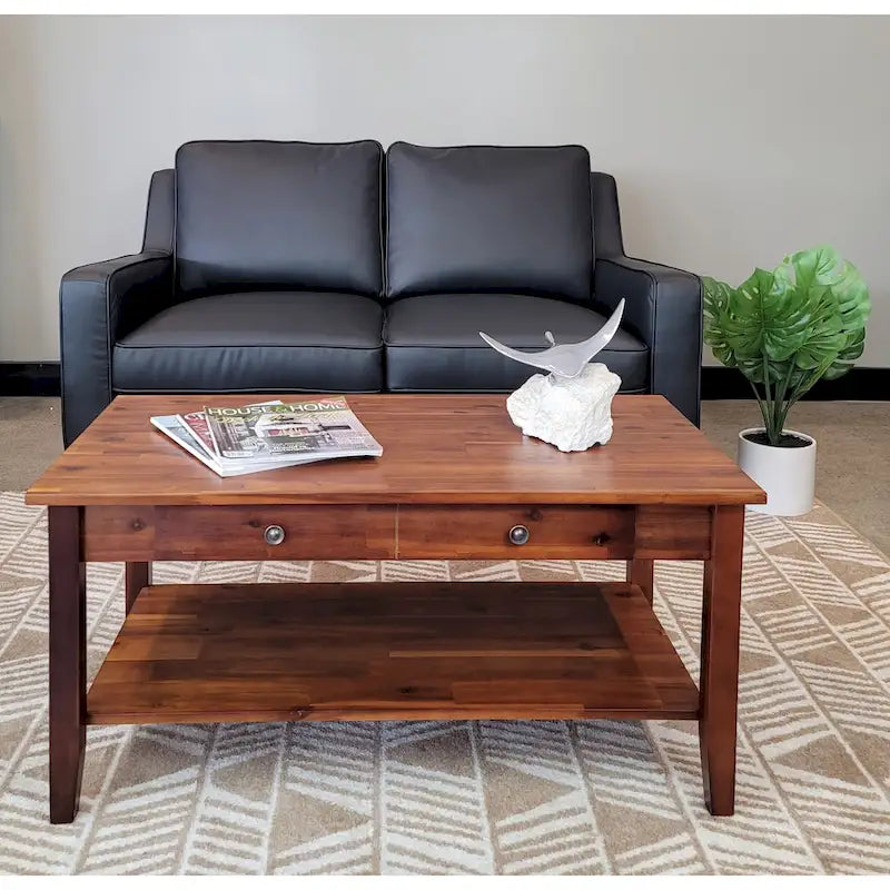 Table basse en acacia massif avec tiroir et étagère inférieure