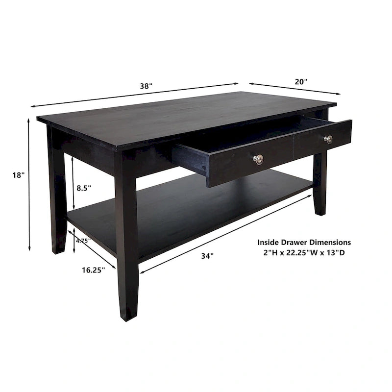 Table basse en acacia massif avec tiroir et étagère inférieure