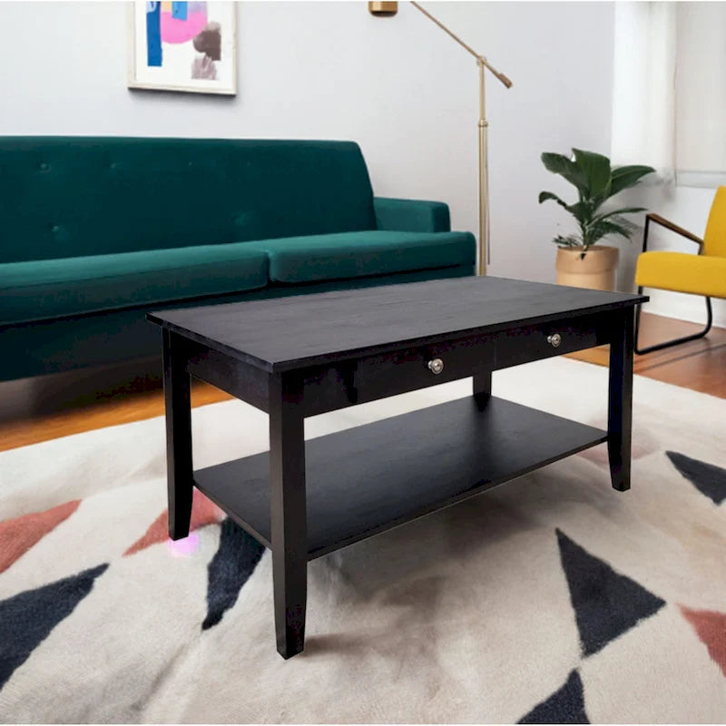 Table basse en acacia massif avec tiroir et étagère inférieure