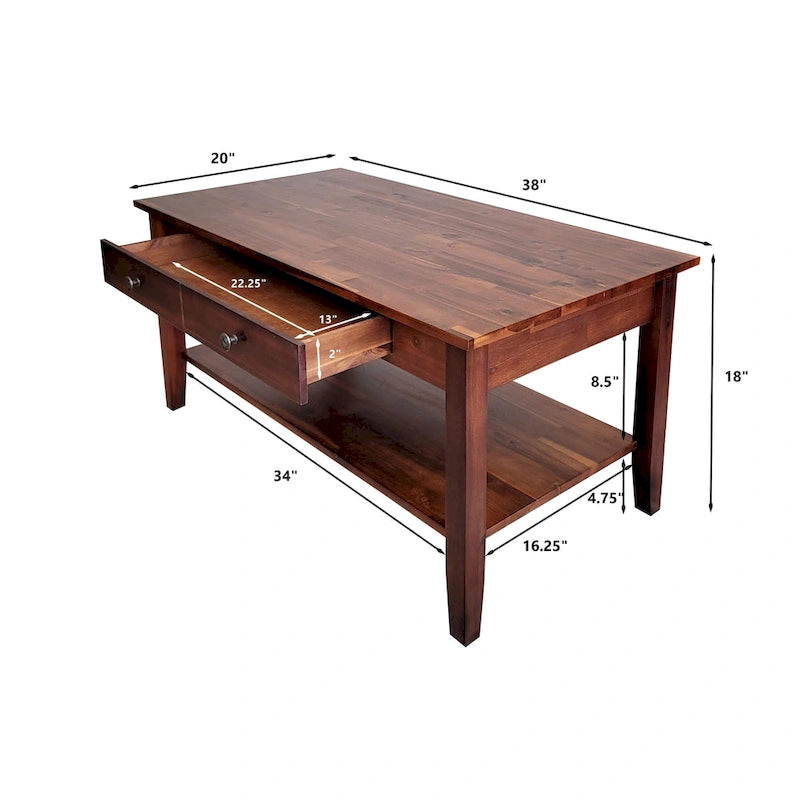 Table basse en acacia massif avec tiroir et étagère inférieure