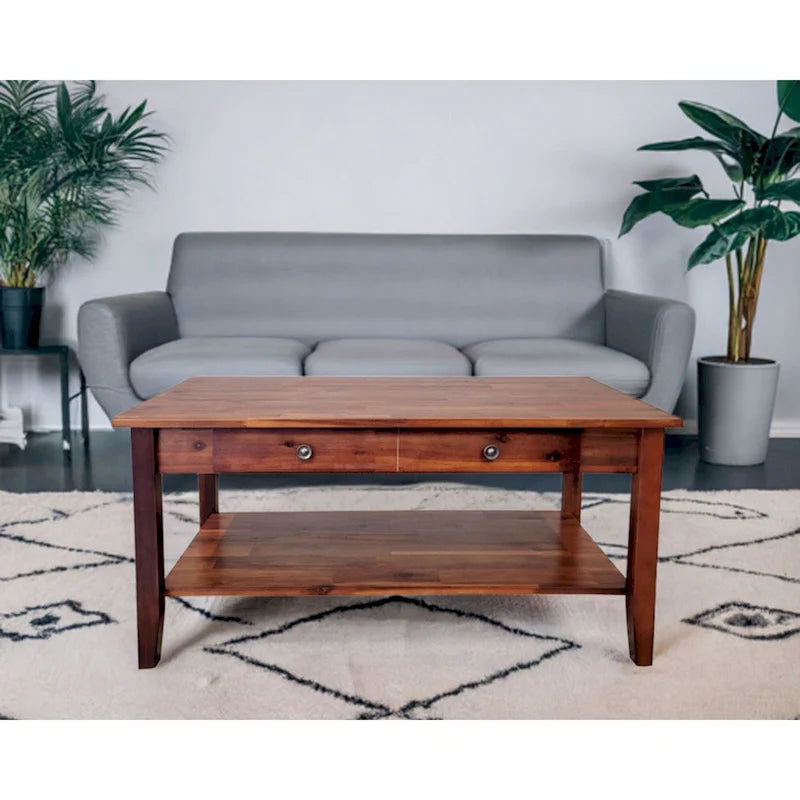 Table basse en acacia massif avec tiroir et étagère inférieure