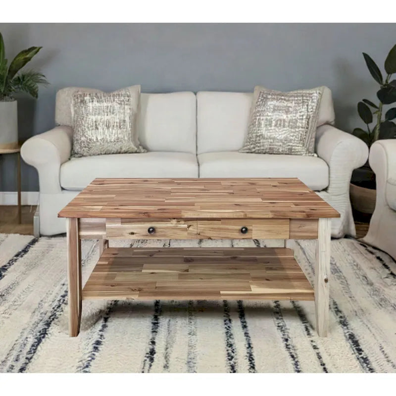 Table basse en acacia massif avec tiroir et étagère inférieure