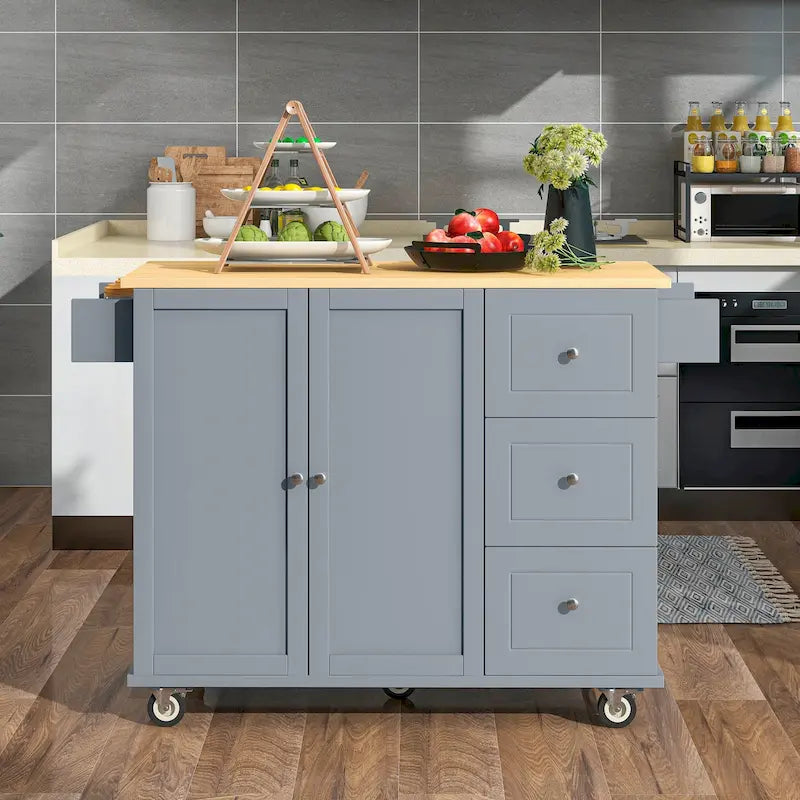 Îlot de cuisine mobile roulant de 52,7 po avec plateau en bois massif et roulettes verrouillables, armoire de rangement et bar de petit-déjeuner à abattant