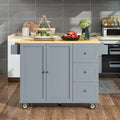 Îlot de cuisine mobile roulant de 52,7 po avec plateau en bois massif et roulettes verrouillables, armoire de rangement et bar de petit-déjeuner à abattant