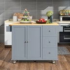Îlot de cuisine mobile roulant de 52,7 po avec plateau en bois massif et roulettes verrouillables, armoire de rangement et bar de petit-déjeuner à abattant
