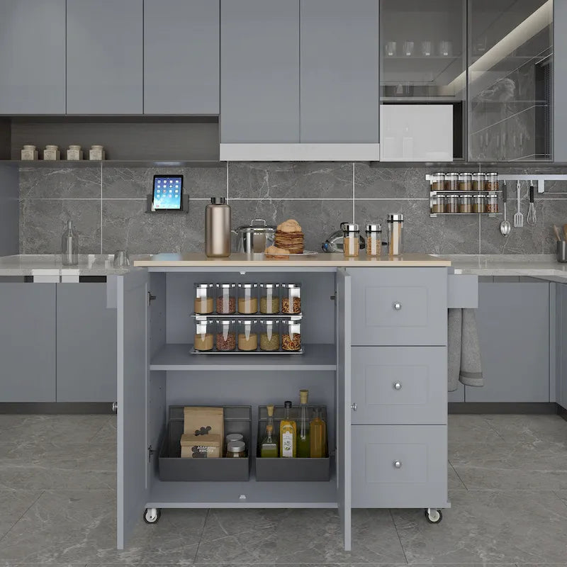 Îlot de cuisine mobile roulant de 52,7 po avec plateau en bois massif et roulettes verrouillables, armoire de rangement et bar de petit-déjeuner à abattant