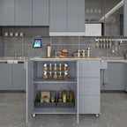 Îlot de cuisine mobile roulant de 52,7 po avec plateau en bois massif et roulettes verrouillables, armoire de rangement et bar de petit-déjeuner à abattant