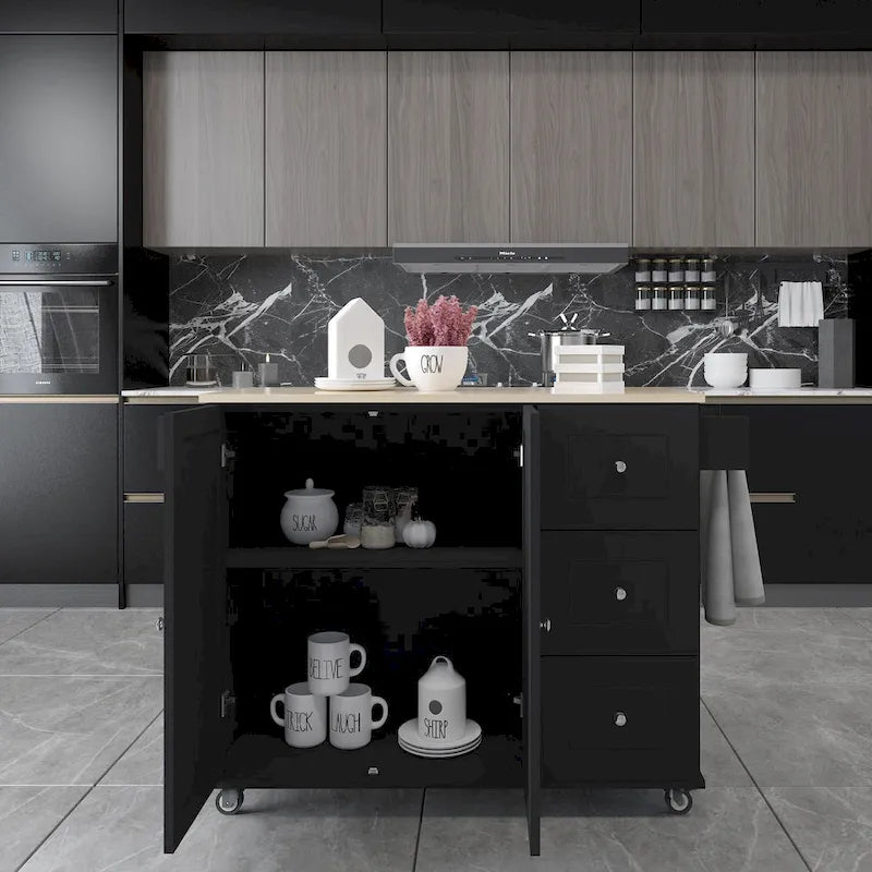 Îlot de cuisine mobile roulant de 52,7 po avec plateau en bois massif et roulettes verrouillables, armoire de rangement et bar de petit-déjeuner à abattant