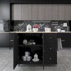 Îlot de cuisine mobile roulant de 52,7 po avec plateau en bois massif et roulettes verrouillables, armoire de rangement et bar de petit-déjeuner à abattant