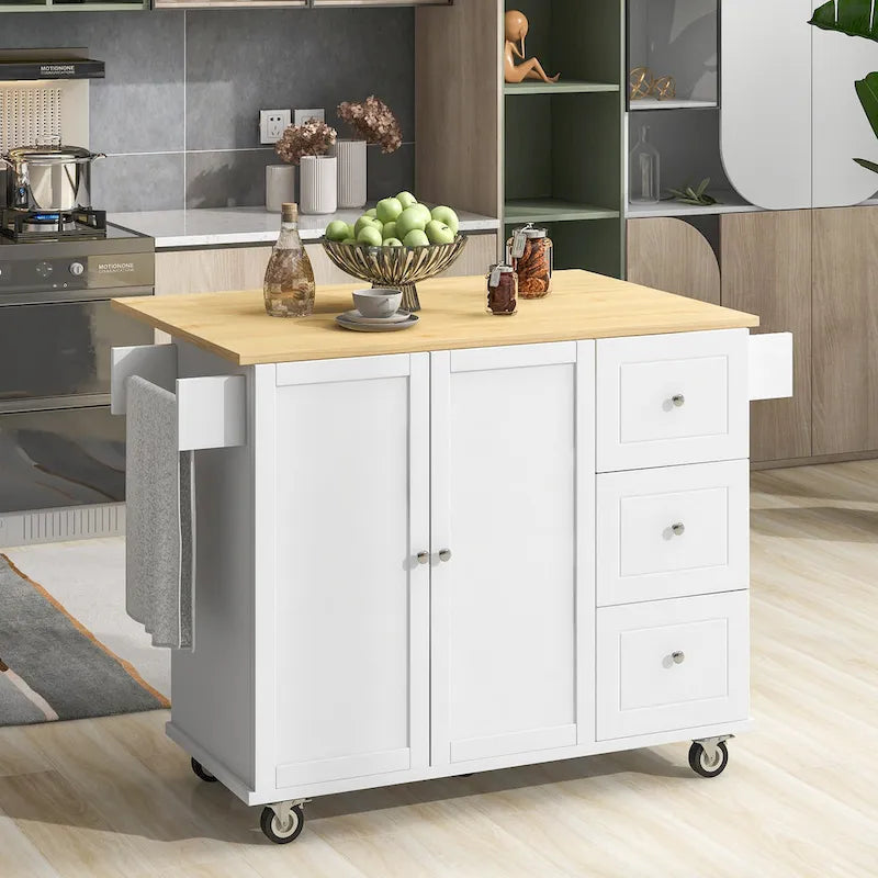 Îlot de cuisine mobile roulant de 52,7 po avec plateau en bois massif et roulettes verrouillables, armoire de rangement et bar de petit-déjeuner à abattant
