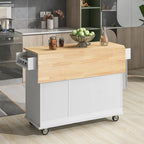 Îlot de cuisine mobile roulant de 52,7 po avec plateau en bois massif et roulettes verrouillables, armoire de rangement et bar de petit-déjeuner à abattant
