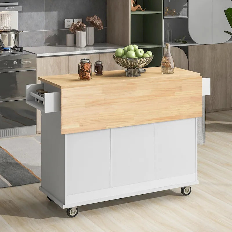Îlot de cuisine mobile roulant de 52,7 po avec plateau en bois massif et roulettes verrouillables, armoire de rangement et bar de petit-déjeuner à abattant