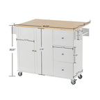 Îlot de cuisine mobile roulant de 52,7 po avec plateau en bois massif et roulettes verrouillables, armoire de rangement et bar de petit-déjeuner à abattant
