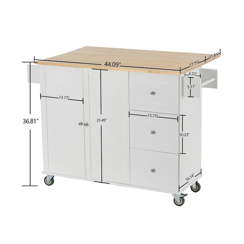 Îlot de cuisine mobile roulant de 52,7 po avec plateau en bois massif et roulettes verrouillables, armoire de rangement et bar de petit-déjeuner à abattant