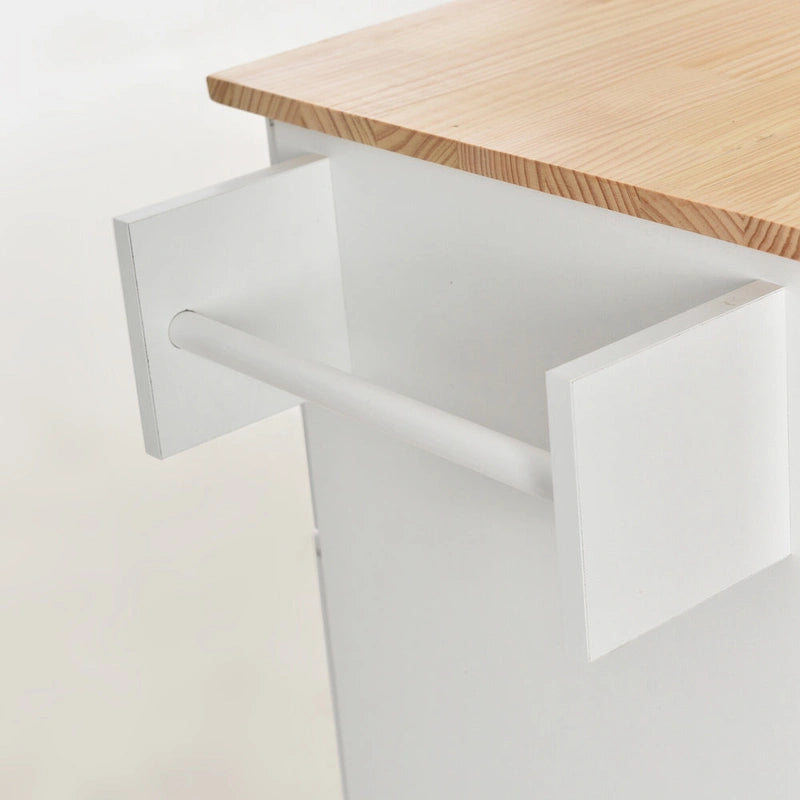 Îlot de cuisine mobile roulant de 52,7 po avec plateau en bois massif et roulettes verrouillables, armoire de rangement et bar de petit-déjeuner à abattant