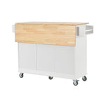 Îlot de cuisine mobile roulant de 52,7 po avec plateau en bois massif et roulettes verrouillables, armoire de rangement et bar de petit-déjeuner à abattant