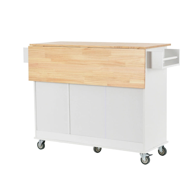 Îlot de cuisine mobile roulant de 52,7 po avec plateau en bois massif et roulettes verrouillables, armoire de rangement et bar de petit-déjeuner à abattant