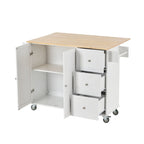 Îlot de cuisine mobile roulant de 52,7 po avec plateau en bois massif et roulettes verrouillables, armoire de rangement et bar de petit-déjeuner à abattant