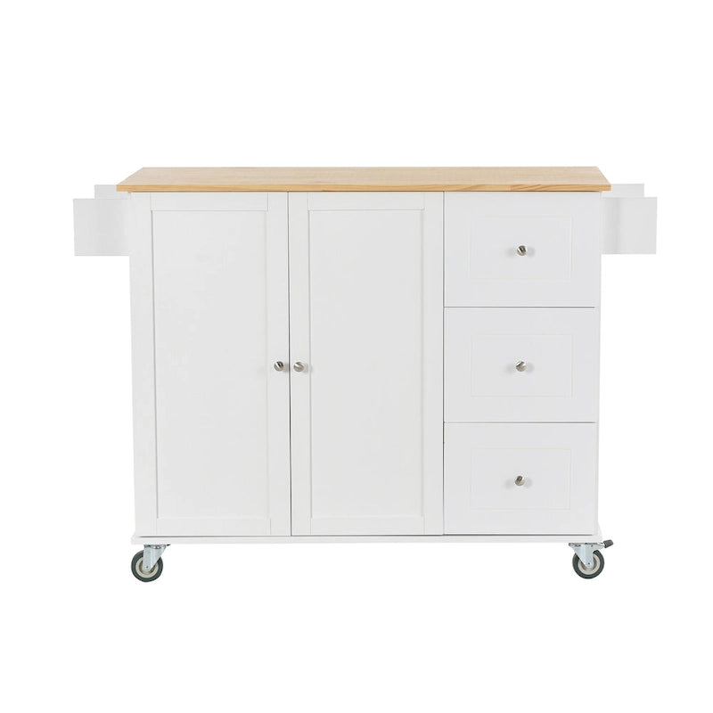 Îlot de cuisine mobile roulant de 52,7 po avec plateau en bois massif et roulettes verrouillables, armoire de rangement et bar de petit-déjeuner à abattant