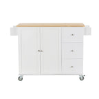 Îlot de cuisine mobile roulant de 52,7 po avec plateau en bois massif et roulettes verrouillables, armoire de rangement et bar de petit-déjeuner à abattant