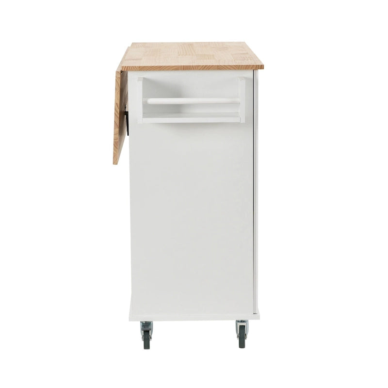 Îlot de cuisine mobile roulant de 52,7 po avec plateau en bois massif et roulettes verrouillables, armoire de rangement et bar de petit-déjeuner à abattant