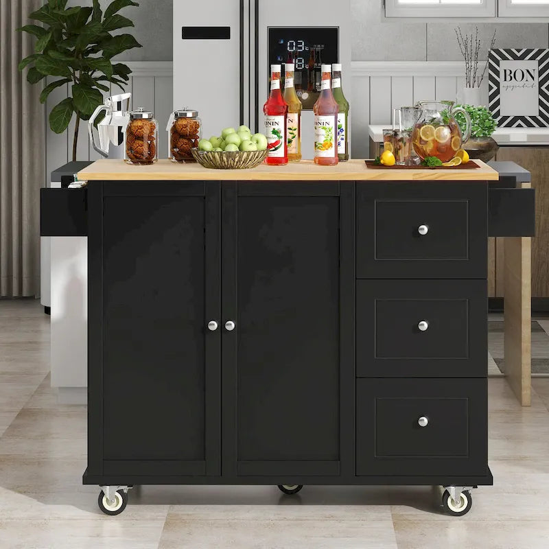 Îlot de cuisine mobile roulant de 52,7 po avec plateau en bois massif et roulettes verrouillables, armoire de rangement et bar de petit-déjeuner à abattant