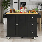 Îlot de cuisine mobile roulant de 52,7 po avec plateau en bois massif et roulettes verrouillables, armoire de rangement et bar de petit-déjeuner à abattant