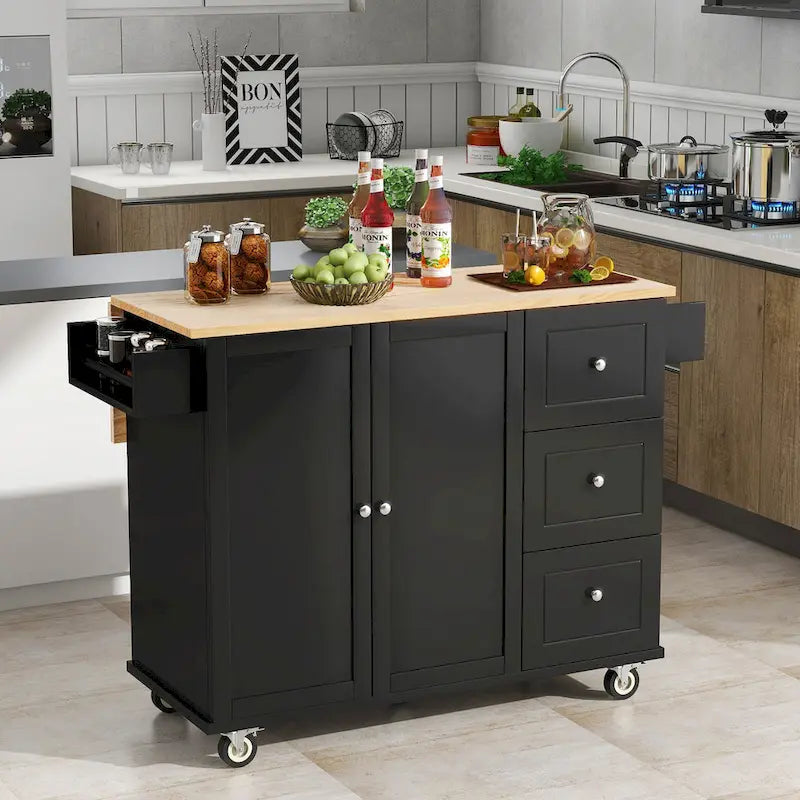 Îlot de cuisine mobile roulant de 52,7 po avec plateau en bois massif et roulettes verrouillables, armoire de rangement et bar de petit-déjeuner à abattant