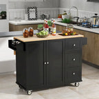 Îlot de cuisine mobile roulant de 52,7 po avec plateau en bois massif et roulettes verrouillables, armoire de rangement et bar de petit-déjeuner à abattant